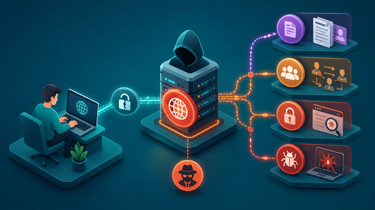 Ücretsiz proxy kullanımındaki güvenlik risklerini gösteren ağ bağlantısı